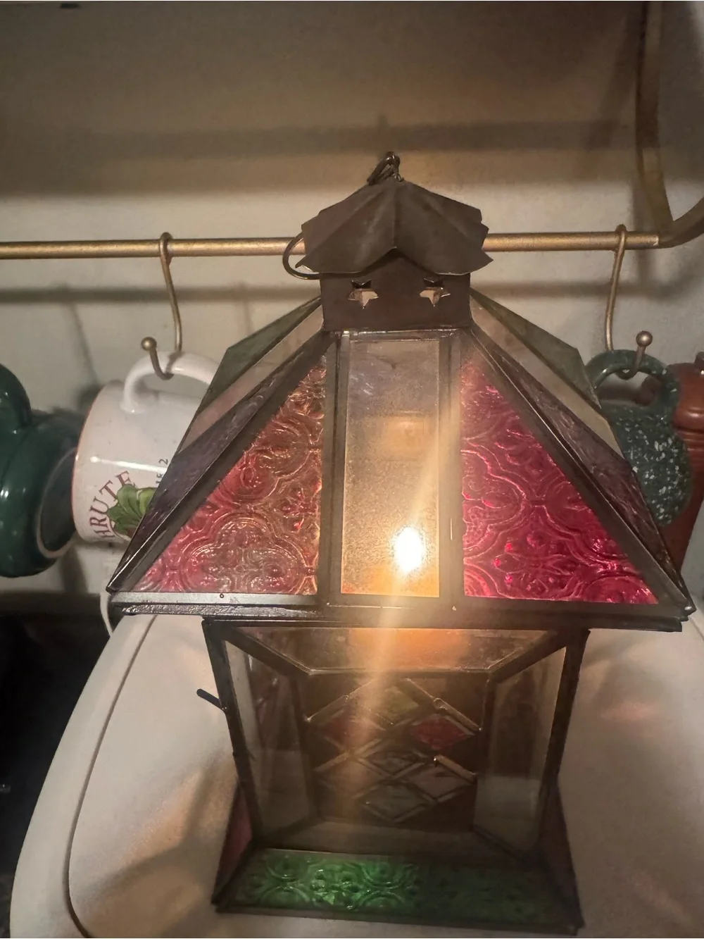 VTG Stained Glass Style Candle Lantern Multicolored Glass Metal Made In India